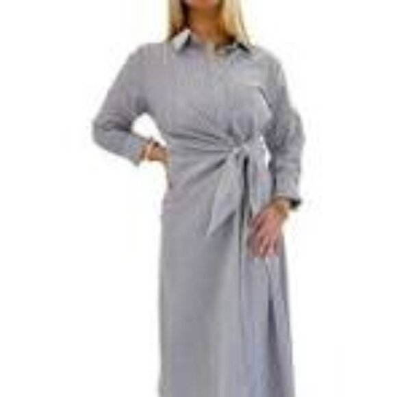 Taylor Tillman Samantha Dress M Brown Striped Cotton Long Sleeve Belted Midi - Picture 8 of 8